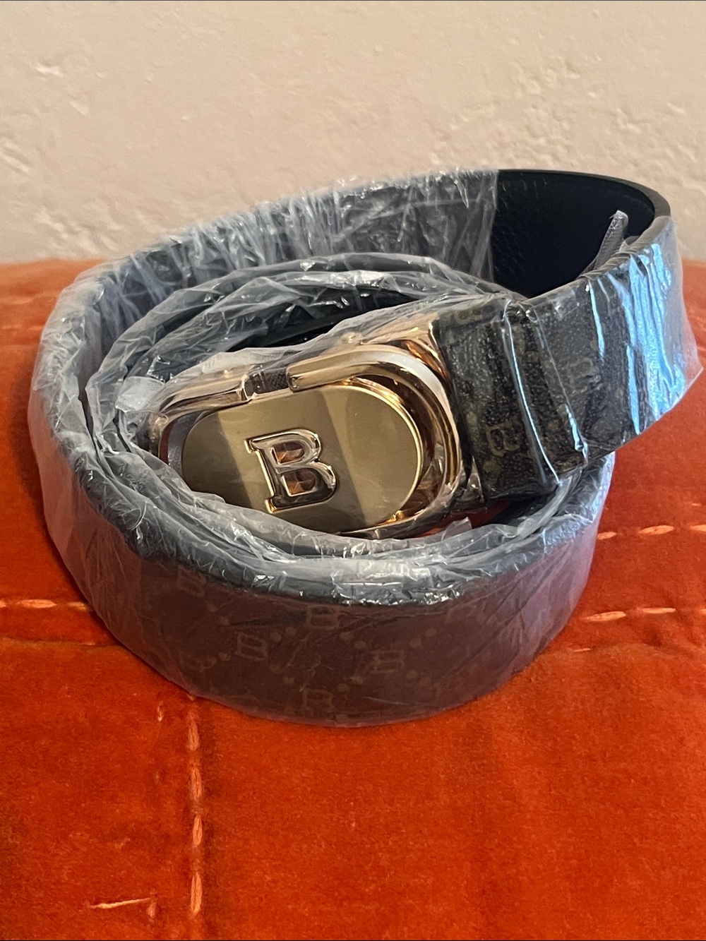 Bally BrownMonogrammed Belt with Gold 'B' Buckle